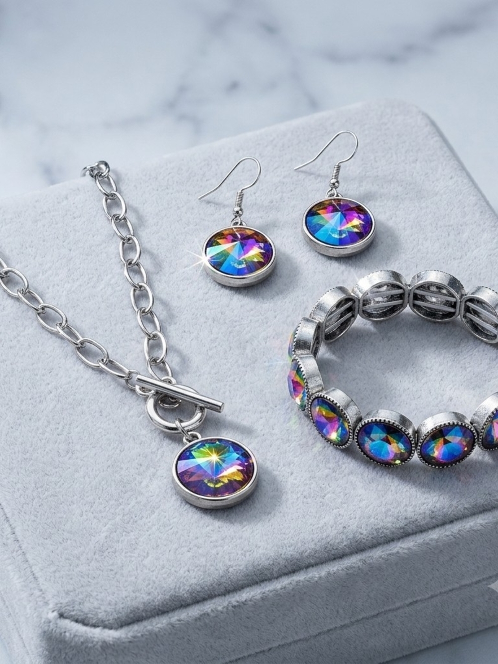 Multicolor Iridescent Toggle Necklace Earrings And Bracelet Set